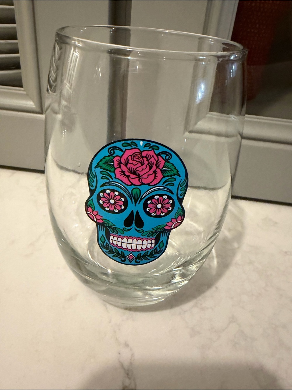 Sugar Skull Stemless Wine Glass with Turquoise & Pink Design